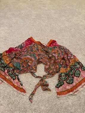 Anthropologie Multicolor Paisley Tie-Front Top in Orange, Pink, Green